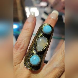 Ring- Vintage Hammered Copper Shield Ring with Turquoise & Rose Quartz Stones